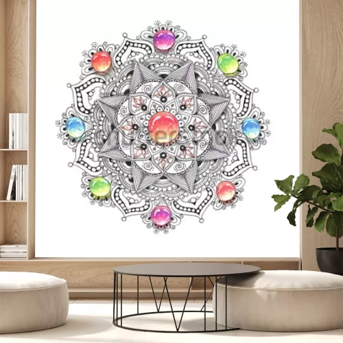 Sticker Bunte Mandala des Aquarells mit Juwelsteinen. Schönes Vintages rundes Muster. Hand gezeichneter abstrakter Hintergrund. Einladung, T-Shirt Druck, Hochzeitskarte. Dekor für Ihr Design im orientalischen