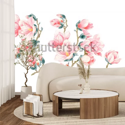 Sticker Lachsfarbene Magnolien mit Vogel