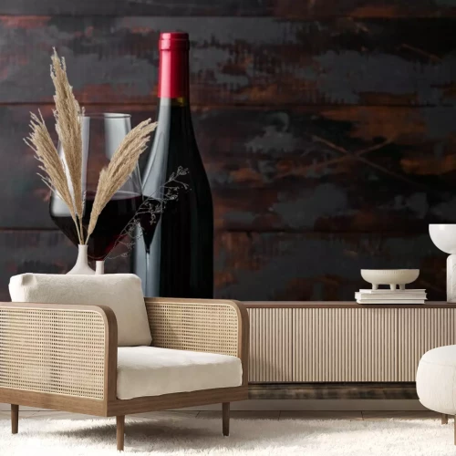 Fototapete Glas Wein und Flasche vor dem Hintergrund des Holzes