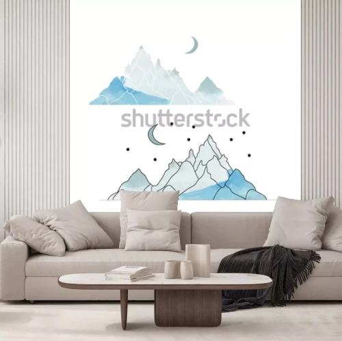 Sticker Blaue Berge. Landschaftszeichnung in einem Aquarellstil. Vektorillustration