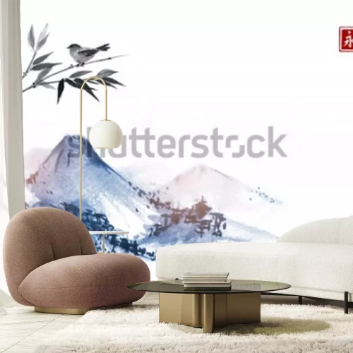 Sticker Berge und ein kleiner Vogel auf einem Bambuszweig. Hieroglyphe - Ewigkeit. Traditionelle orientalische Tuschemalerei sumi-e, u-sin, go-hua