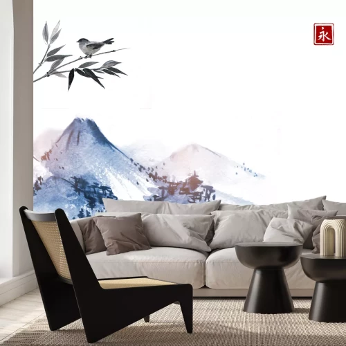 Sticker Berge und ein kleiner Vogel auf einem Bambuszweig. Hieroglyphe - Ewigkeit. Traditionelle orientalische Tuschemalerei sumi-e, u-sin, go-hua