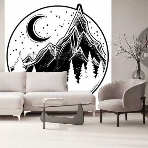 Sticker Schöne Vektorillustration mit Naturlandschaft - Berge, Kiefernwald, Sterne, Mond. Tätowierungskunst. Unendlicher Raum, Meditationssymbole, Reisen, Tourismus.