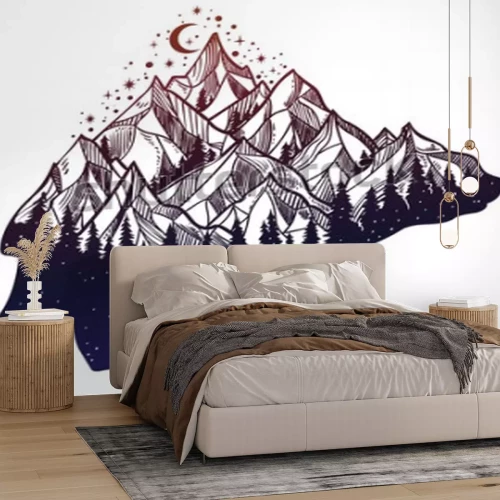 Sticker Bären- und Nachtwaldberglandschaft, Doppelbelichtung, Tätowierungskunst der wild lebenden Tiere, Fantasiestil. Vektor lokalisierte Illustration.