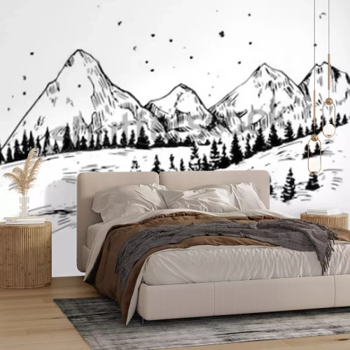 Sticker Winterhintergrund mit Bergen, Schnee und Bäumen. Hand gezeichnete Illustration umgewandelt in Vektor.