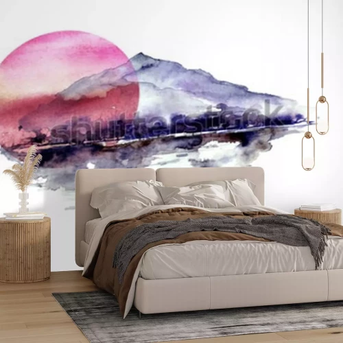 Sticker Aquarellberglandschaft, blaue, purpurrote Berge, Spitze, Waldschattenbild, Reflexion im Fluss, rote Sonnenuntergangsonne. Auf weißem hintergrund isoliert. Auf weißem hintergrund isoliert.