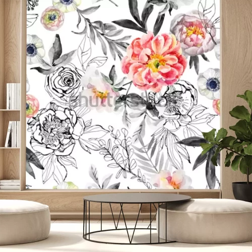 Sticker Aquarell und Tinte kritzeln Blumen, Blätter, nahtloses Muster der Unkräuter. Handgemalter, gezeichneter Blumenhintergrund mit Pfingstrosen, Anemonen, Ranunculus, Hunderosenzweig, Wiesenkräuter