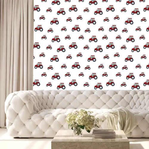 Tapete Seamless pattern red tractor on white background. Agricultural transport for farm in flat style - vector illustration. Farming vehicle