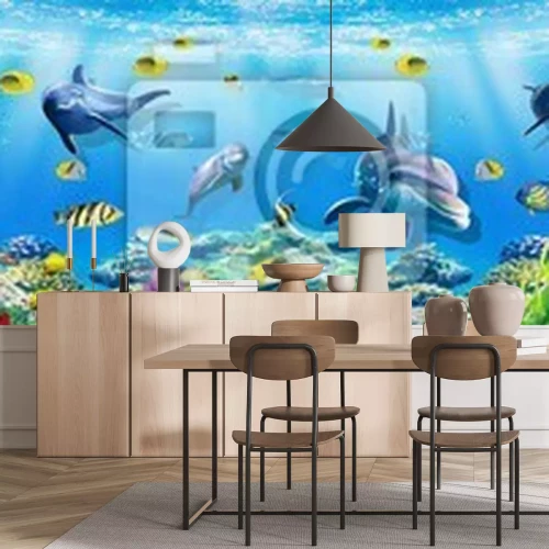Fototapete 3d illustration  wallpaper under sea dolphin, Fish, Tortoise, Coral reefsand water with broken wall bricks background. will visually expand the space in a small room, bring more light and become an ac