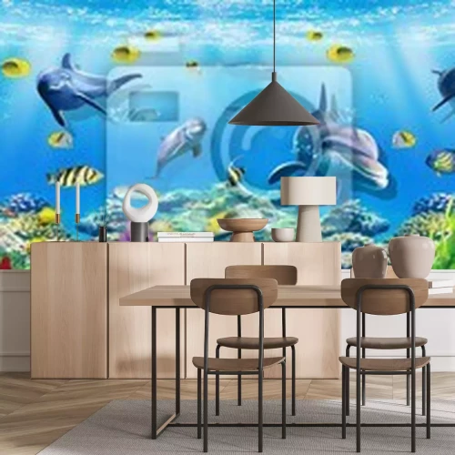 Sticker 3d illustration  wallpaper under sea dolphin, Fish, Tortoise, Coral reefsand water with broken wall bricks background. will visually expand the space in a small room, bring more light and become an ac