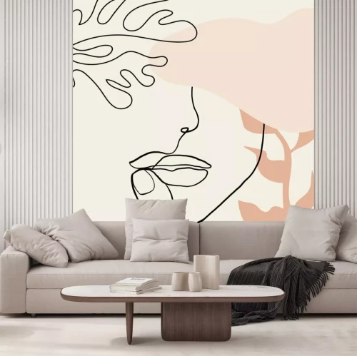 Fototapete Ein Frauenporträt im Line-Art-Stil mit rosa Motiven