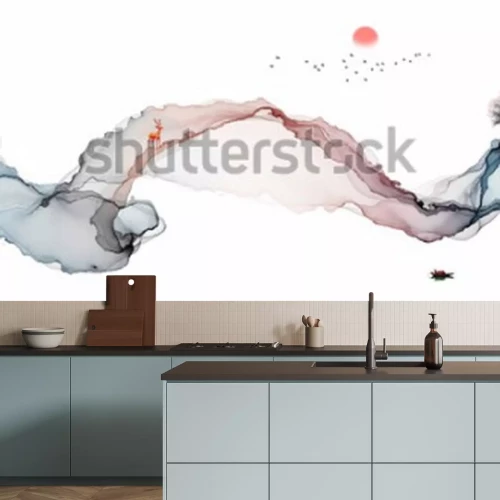 Sticker Tintenmalerei, künstlerische Landschaft, abstrakte Linien Hintergrund