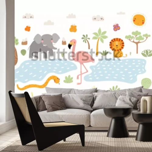 Sticker Übergeben Sie gezogene Vektorillustration des netten Tierlöwes, Flamingo, Elefant, Schlange, afrikanische Landschaft. Isolierte Objekte auf weißem Hintergrund. Flaches Design im skandinavischen Stil. 