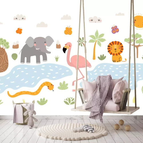 Sticker Übergeben Sie gezogene Vektorillustration des netten Tierlöwes, Flamingo, Elefant, Schlange, afrikanische Landschaft. Isolierte Objekte auf weißem Hintergrund. Flaches Design im skandinavischen Stil. 