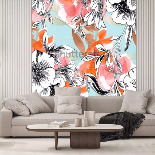 Sticker Schwarze und weiße Blumen auf einem bunten Hintergrund