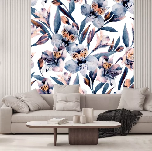 Sticker Blaue Blumen mit orangefarbenen Elementen