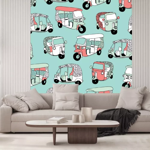 Sticker Nahtlose asiatische Transportikonen-Indien-Königin des Straßenrikschaillustrations-Hintergrundmusters im Vektor