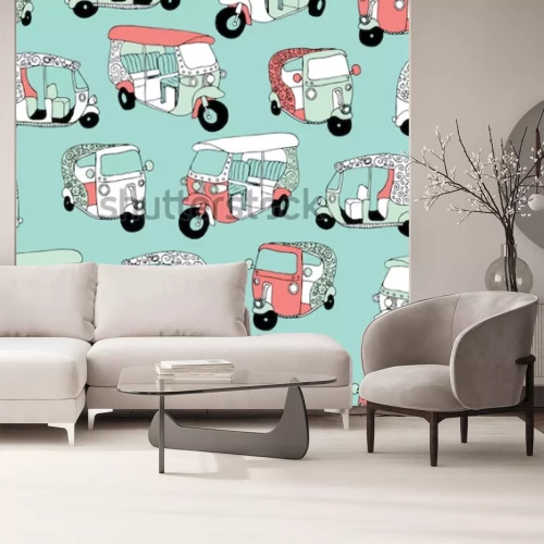 Sticker Nahtlose asiatische Transportikonen-Indien-Königin des Straßenrikschaillustrations-Hintergrundmusters im Vektor