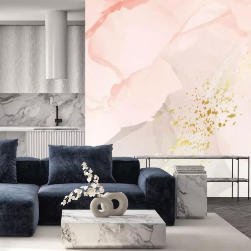 Sticker Alcohol ink wedding invitation template. Tender soft coral gold card with liquid paint background. Summer greeting card decoration. Vector