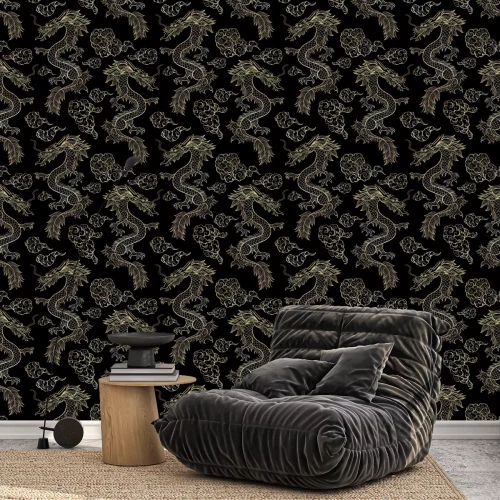 Tapete Orientale fliegende Drachen auf schwarzem Hintergrund