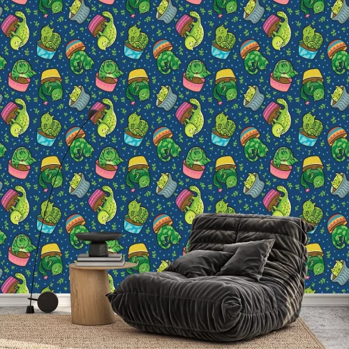 Tapete Abstraktes Design mit Kaktus-Katzen