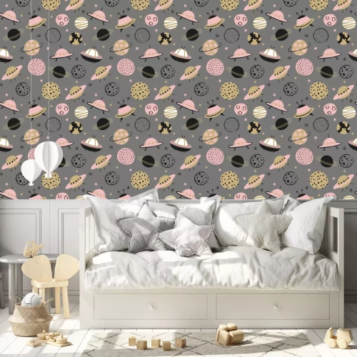 Tapete Seamless space pattern for kids. Vector background with cartoon planets and UFO.
