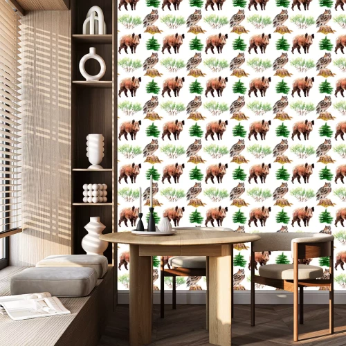 Tapete nahtloses Muster des Aquarellwaldes mit Tieren und Pflanzen