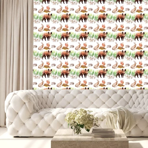 Tapete nahtloses Muster des Aquarellwaldes mit Tieren und Pflanzen