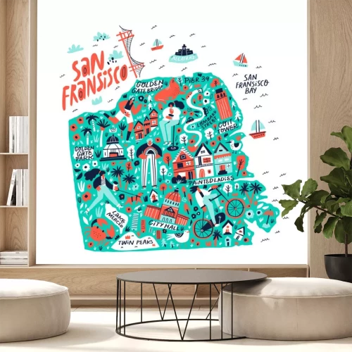 Sticker San Francisco creative travel map flat hand drawn illustration. American state tourist landmarks and famous places names lettering and doodle drawings. USA tourism poster cartoon concept