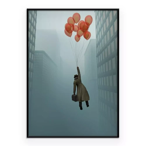 Poster Ein Mann, der mit Ballons in der Stadt fliegt