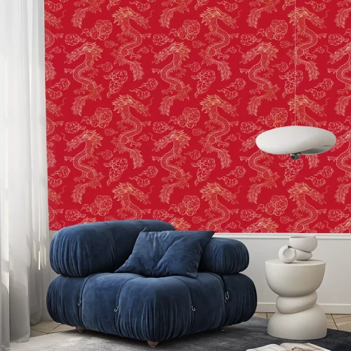 Tapete Fliegende orientalische chinesische Drachen auf rotem Grund