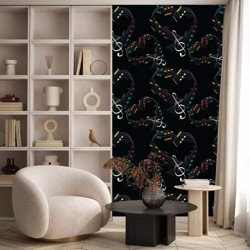 Tapete Bunte Musiknoten in Form des Herzens. Nahtloses Muster. Vektorillustration der Herzen mit bunten Musiknoten auf schwarzem Hintergrund