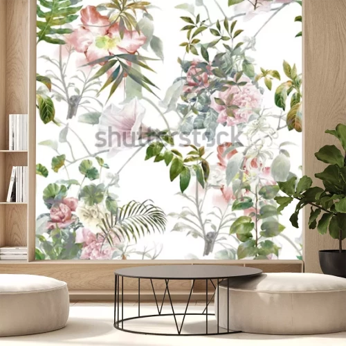 Sticker Aquarellmalerei des Blattes und der Blumen, nahtloses Muster auf weißem Hintergrund