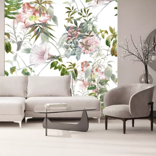 Sticker Aquarellmalerei des Blattes und der Blumen, nahtloses Muster auf weißem Hintergrund