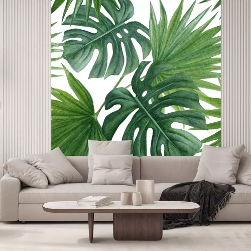 Sticker Nahtloses Muster mit tropischen Blättern. Aquarell hand gezeichneten Hintergrund.