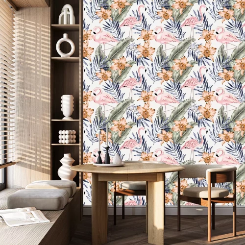 Tapete Vintage-Flamingos und Blumen