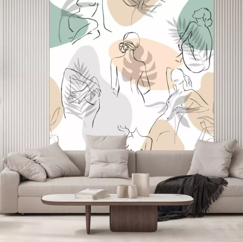 Fototapete Minimalistische Frauensilhouetten vor einem Hintergrund aus tropischen Blättern