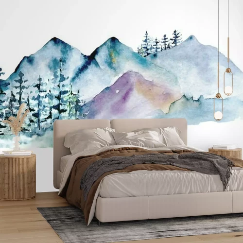 Sticker Mountains, forest nature landscape. Watercolor wildlife. Perfectly for tourism and outdoor design. Hand painting sketch scenery. Illustration isolated on white background. 