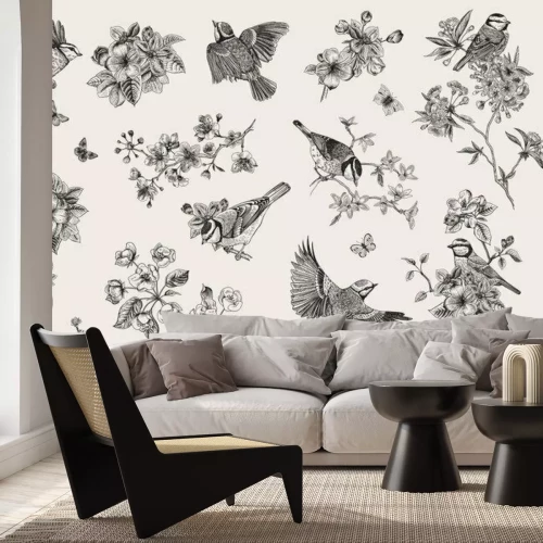 Fototapete Vintage Muster mit Vögeln inmitten von zarten Blumen
