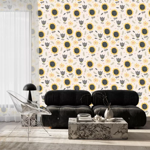 Tapete Grafische Sonnenblumen in Farbe