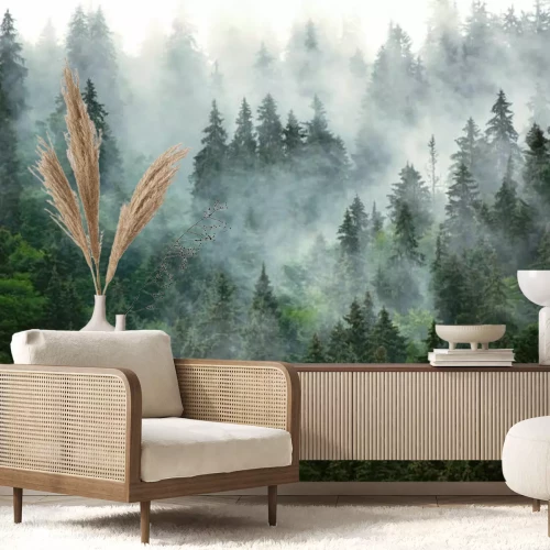 Fototapete Dunkelgrüner nebliger Bergwald