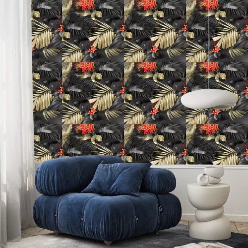 Tapete Schwarze und beige tropische Blätter und Blüten