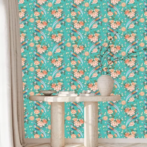 Tapete Rosa Blumen und farbenfrohe V?gel Grafik