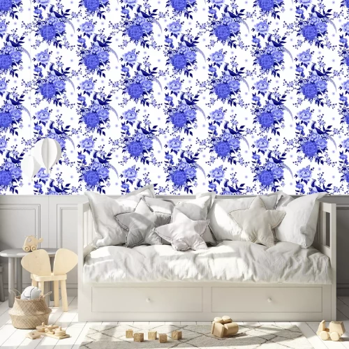 Tapete Schönes nahtloses Muster mit Diamantfasan, der auf Pfingstrosenzweig mit blühender Sakura, Pflaume und Gänseblümchen für Sommerkleid im chinesischen Stil sitzt