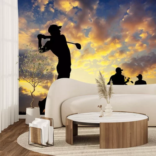 Sticker Golfspieler auf dem Golfplatz bei Sonnenuntergang