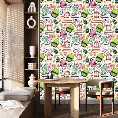 Tapete Muster mit Schulsachen auf weißem Hintergrund