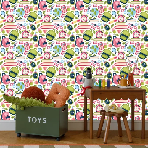 Tapete Muster mit Schulsachen auf weißem Hintergrund