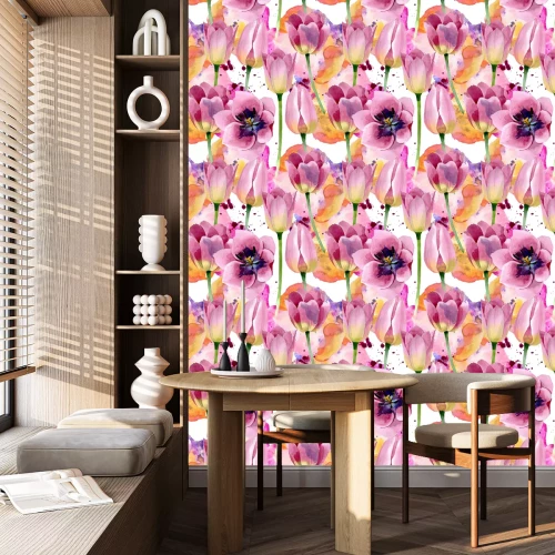 Tapete Rosa Tulpen mit Aquarellfarben gemalt