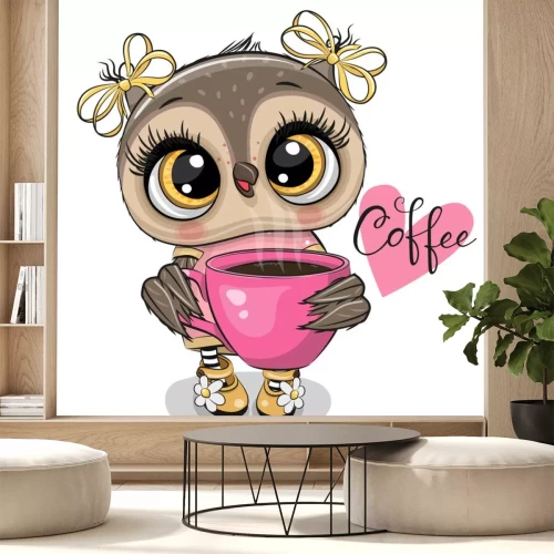 Sticker Cartoon owl with pink Cup of coffee