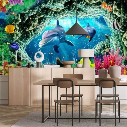 Fototapete Delfine Fische und ozeanisches Korallenriff